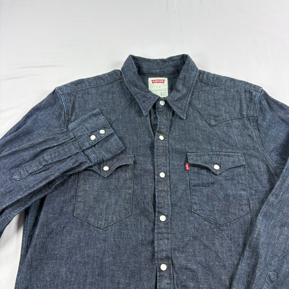 Levis Denim Shirt Mens Large Blue Pearl Snap Up Blue Jean Western Pockets